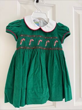 Velani Green Velvet Candy Cane Smocked Toddler Girl Christmas Dress - 12mo